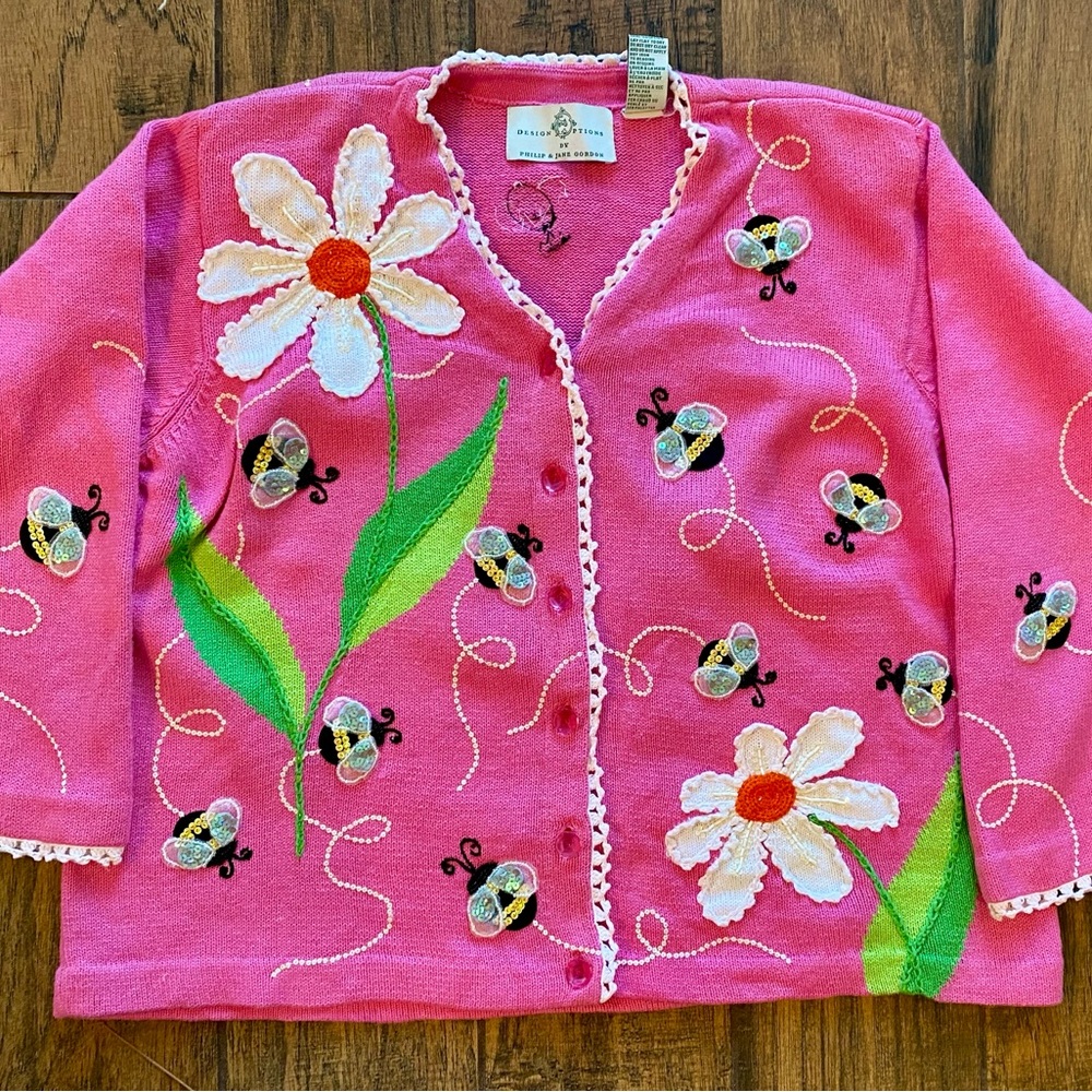 Vintage Design Options by Philip & Jane Gordon embellished floral pink cardigan